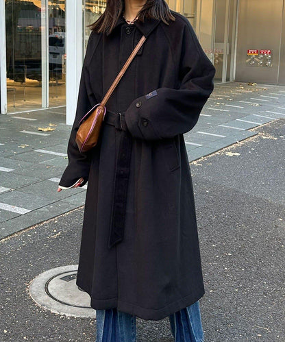 羊毛混紡繫帶單排扣大衣