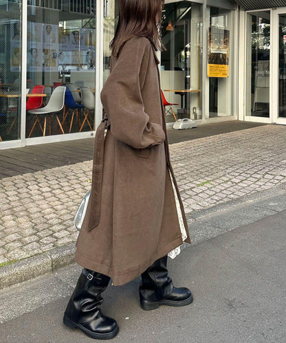 羊毛混紡繫帶單排扣大衣