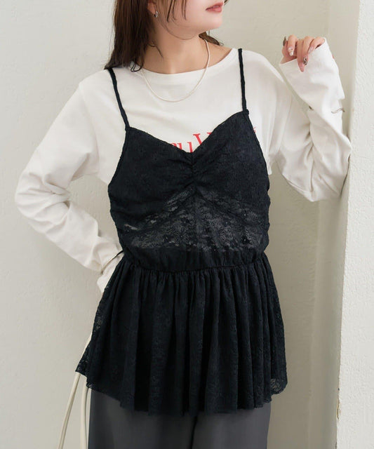 V字褶皺蕾絲吊帶背心