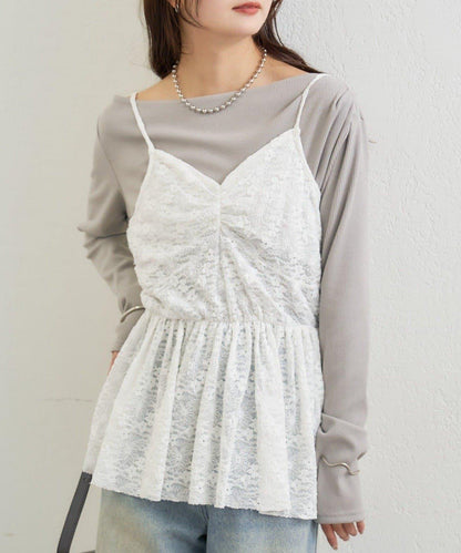 V字褶皺蕾絲吊帶背心
