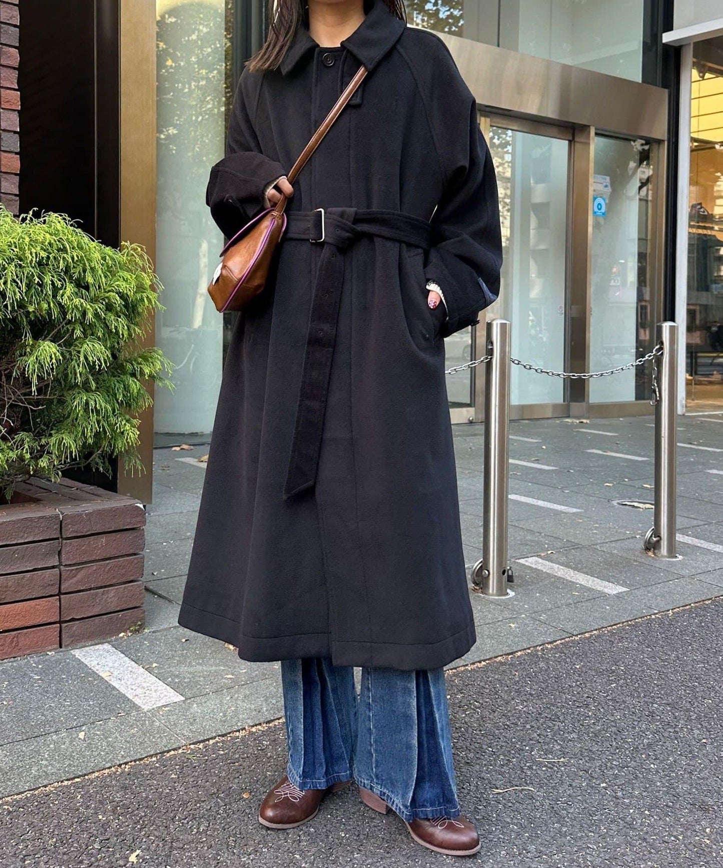 羊毛混紡繫帶單排扣大衣