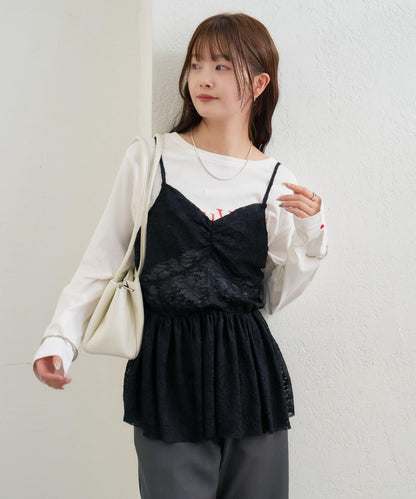 V字褶皺蕾絲吊帶背心