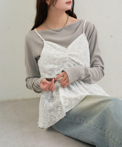 V字褶皺蕾絲吊帶背心