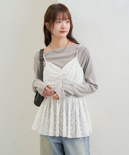 V字褶皺蕾絲吊帶背心