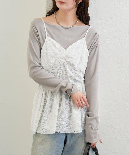 V字褶皺蕾絲吊帶背心