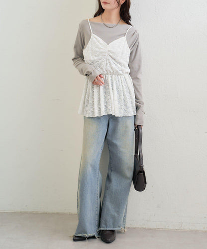 V字褶皺蕾絲吊帶背心