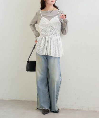 V字褶皺蕾絲吊帶背心