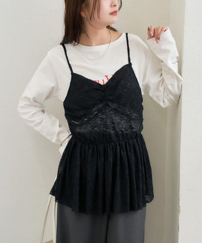 V字褶皺蕾絲吊帶背心