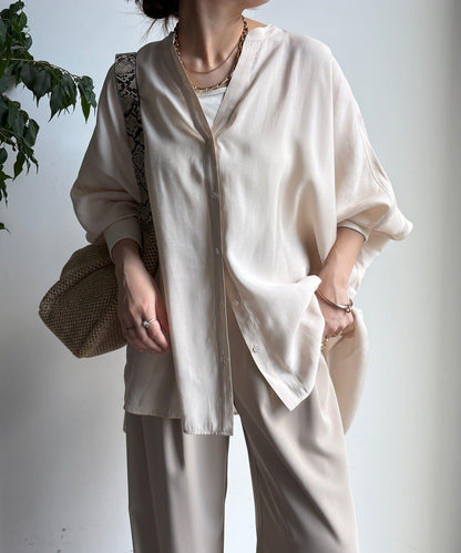 袖口羅紋蝙蝠袖V領襯衫