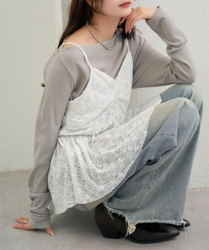 V字褶皺蕾絲吊帶背心