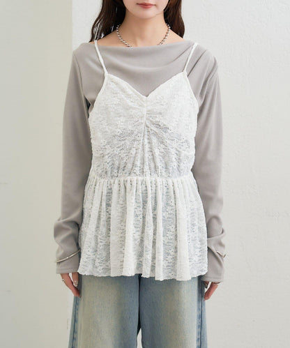 V字褶皺蕾絲吊帶背心