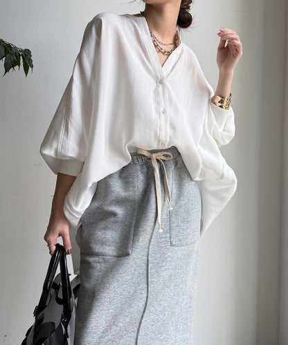 袖口羅紋蝙蝠袖V領襯衫