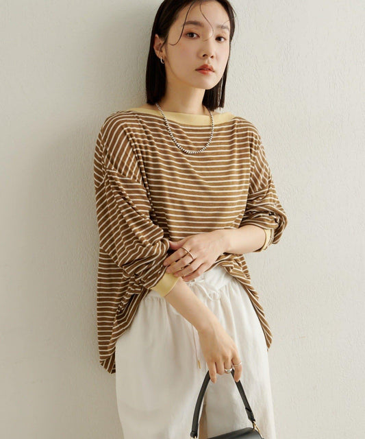 條紋一字肩長袖T恤