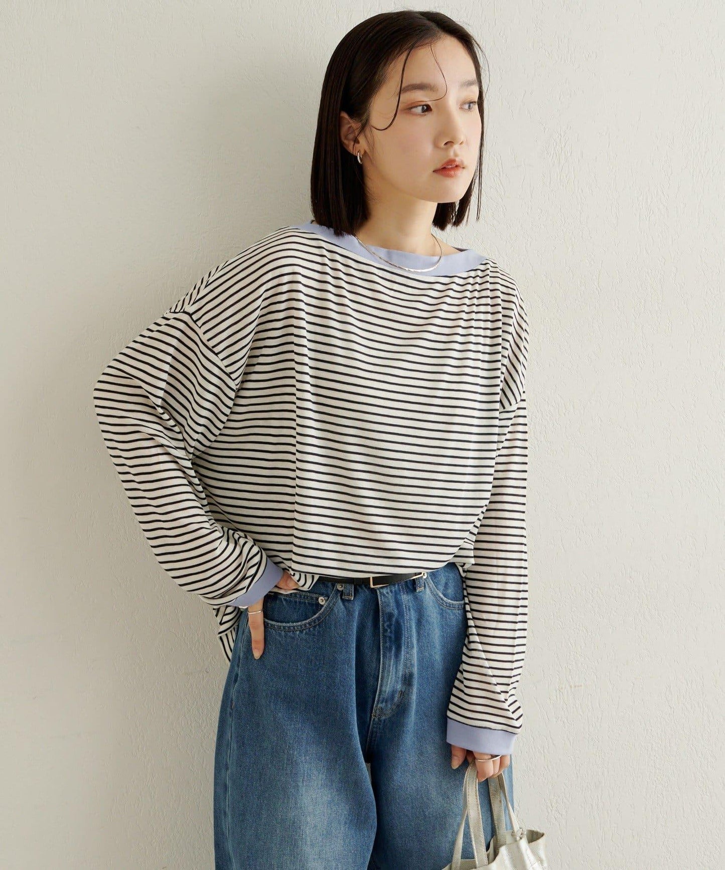 條紋一字肩長袖T恤