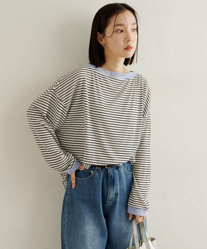條紋一字肩長袖T恤