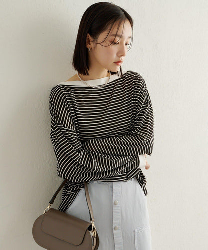 條紋一字肩長袖T恤