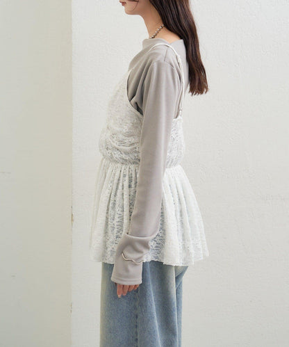 V字褶皺蕾絲吊帶背心