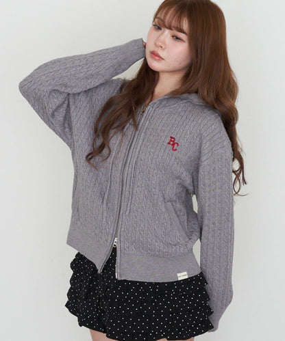 麻花紋胸部刺繡連帽衛衣