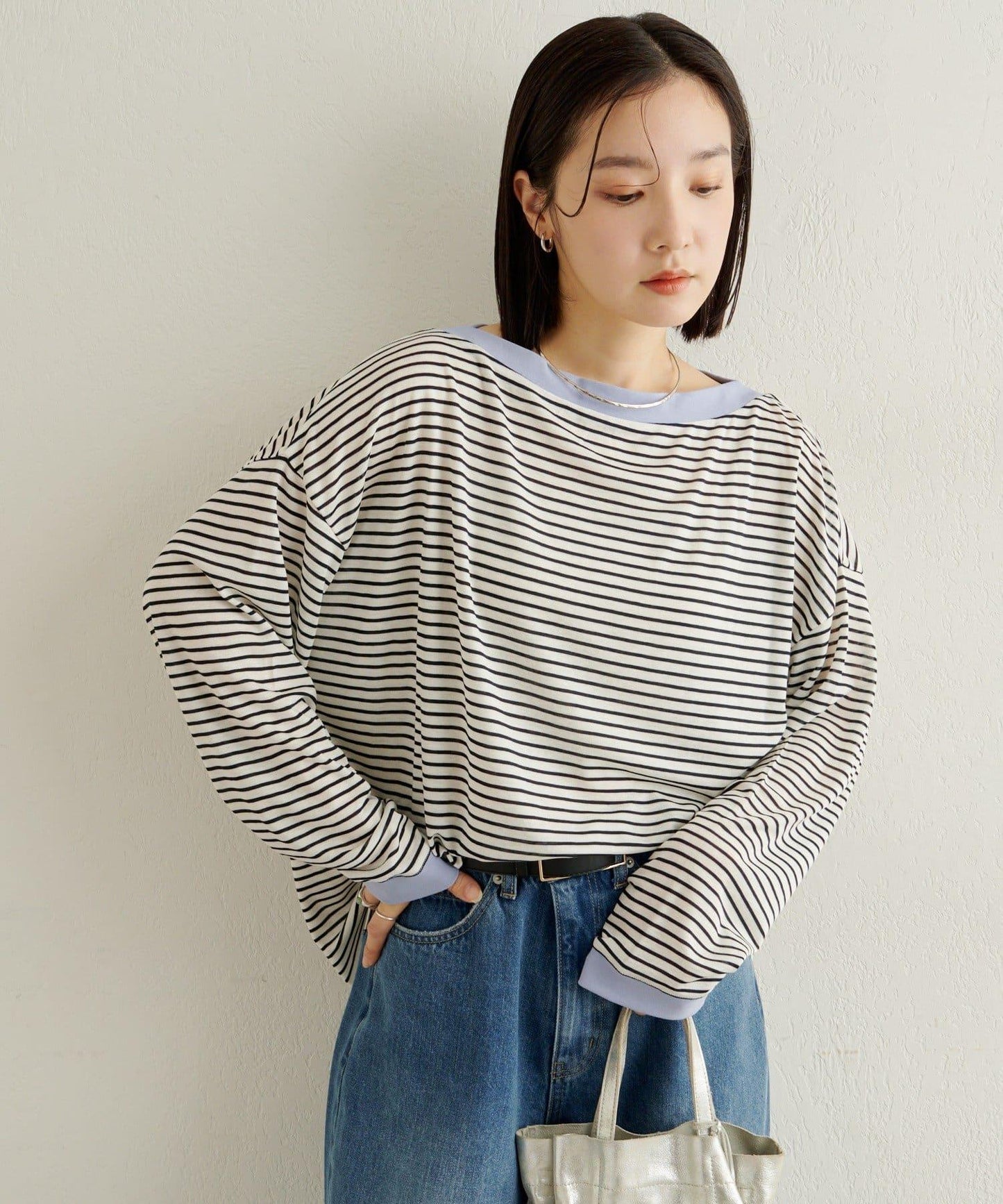 條紋一字肩長袖T恤