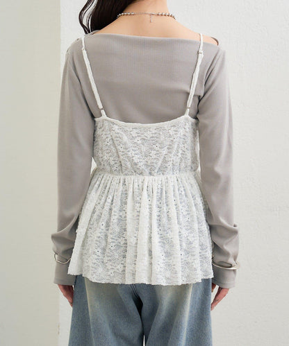 V字褶皺蕾絲吊帶背心