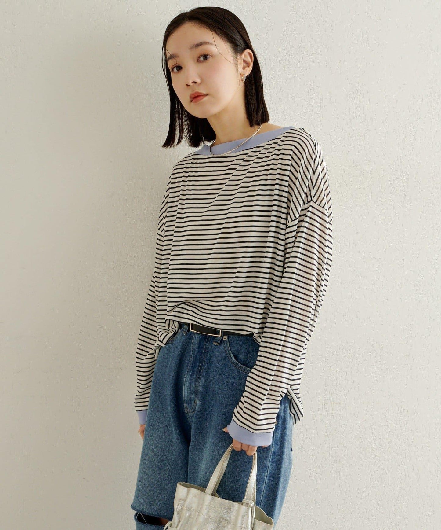 條紋一字肩長袖T恤