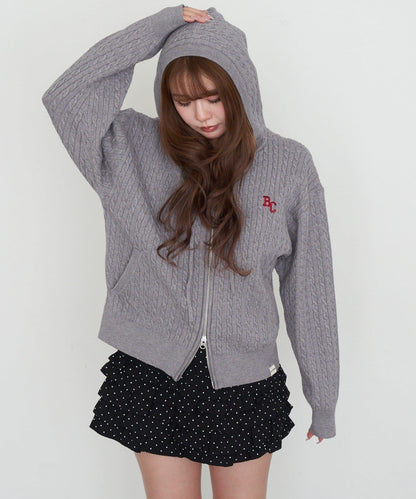 麻花紋胸部刺繡連帽衛衣