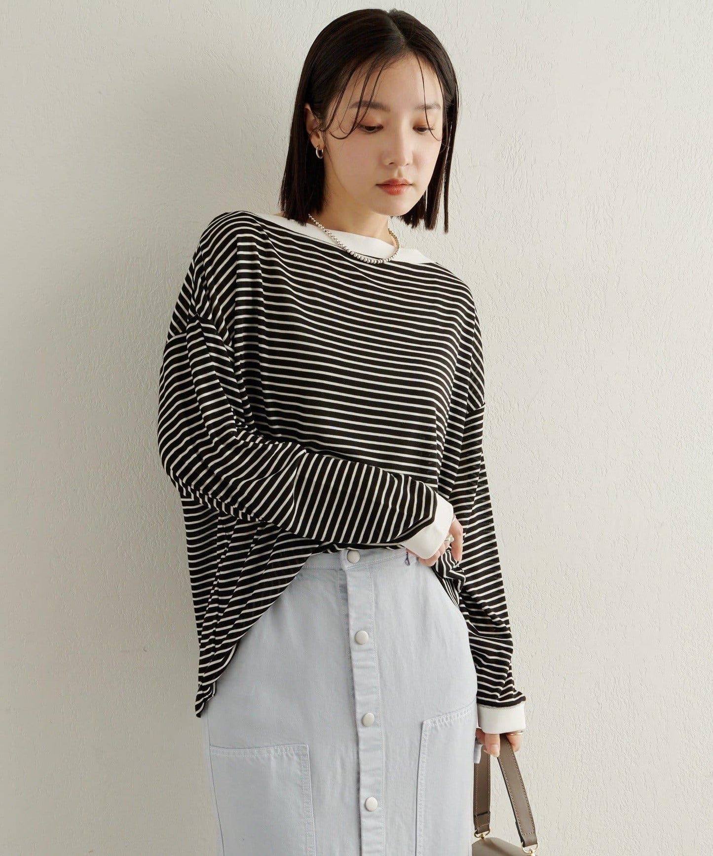 條紋一字肩長袖T恤