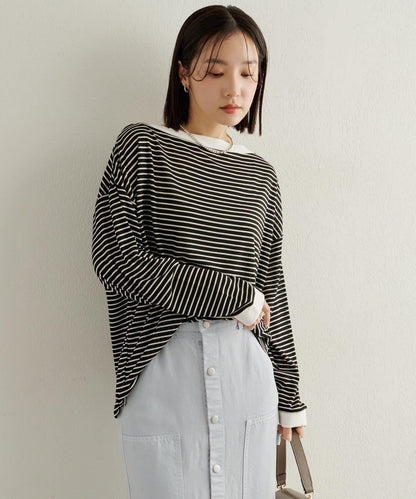 條紋一字肩長袖T恤