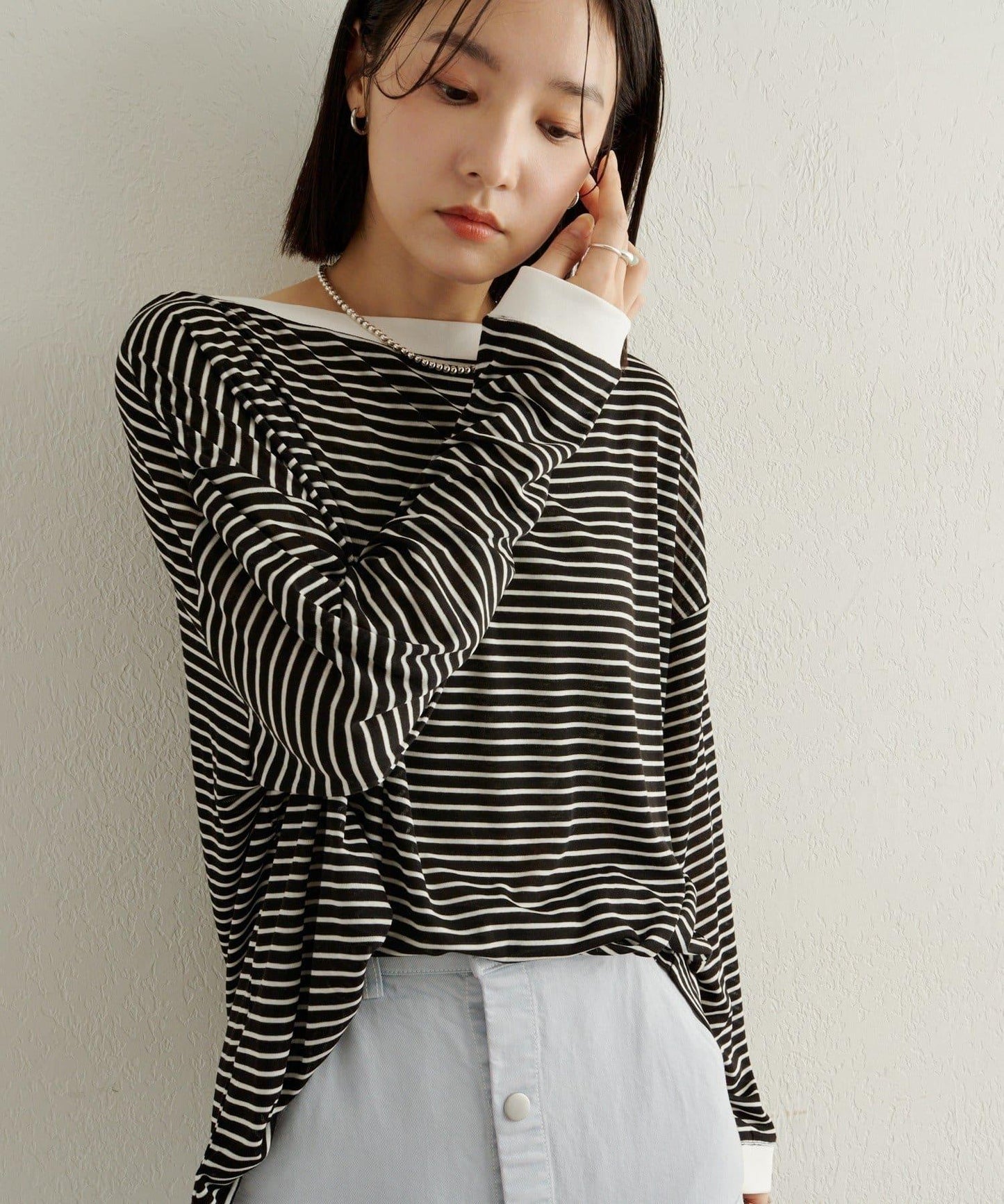 條紋一字肩長袖T恤