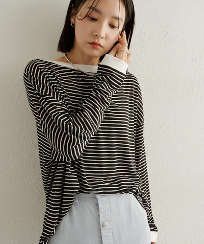 條紋一字肩長袖T恤
