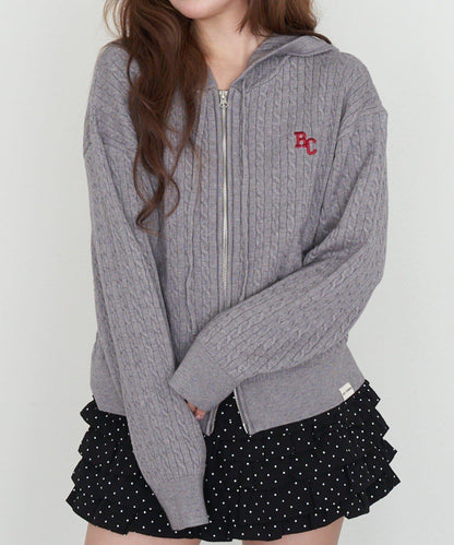 麻花紋胸部刺繡連帽衛衣