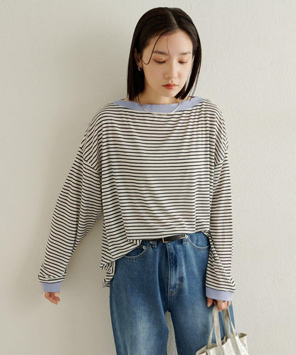 條紋一字肩長袖T恤
