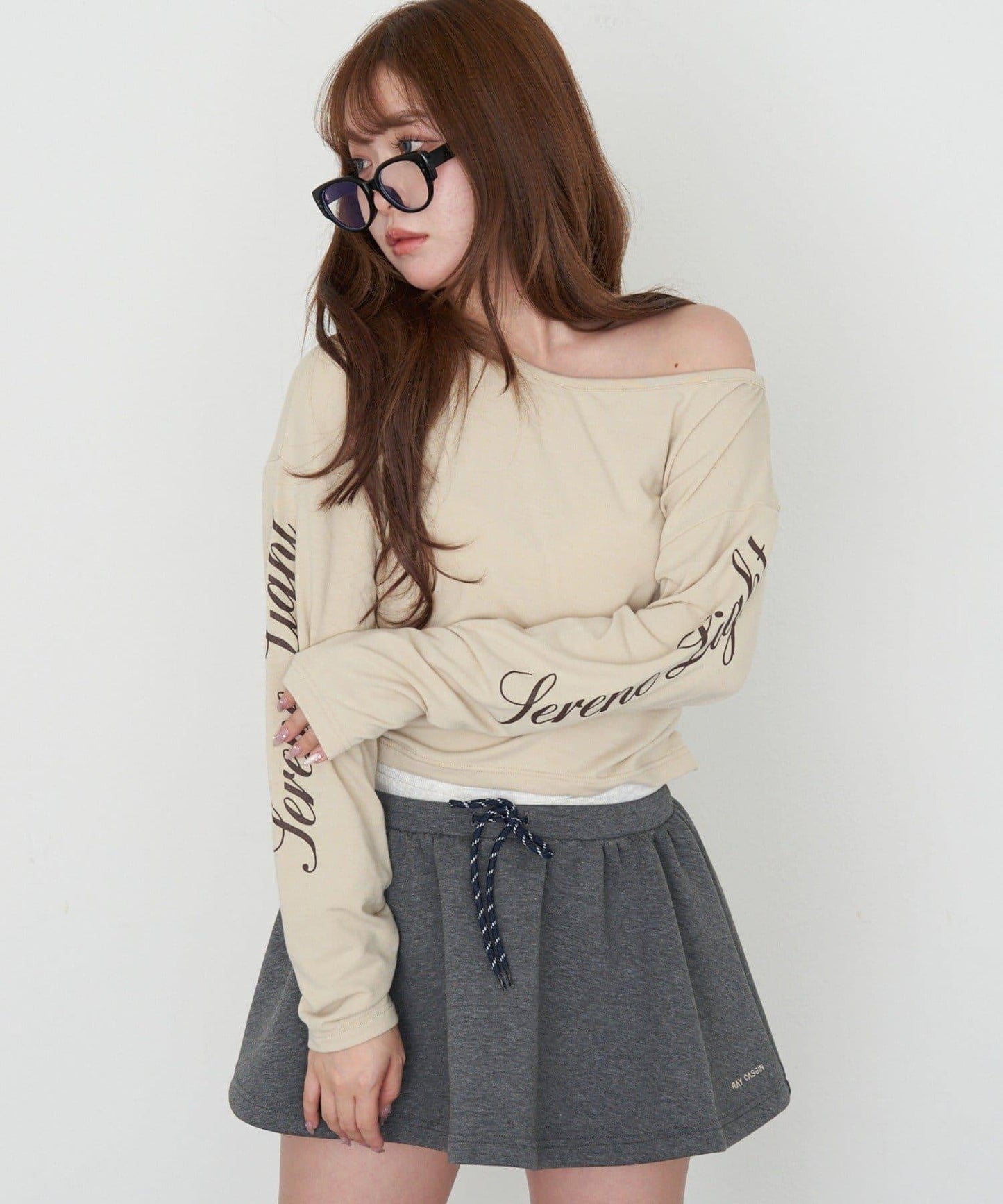 單肩印花長袖T恤