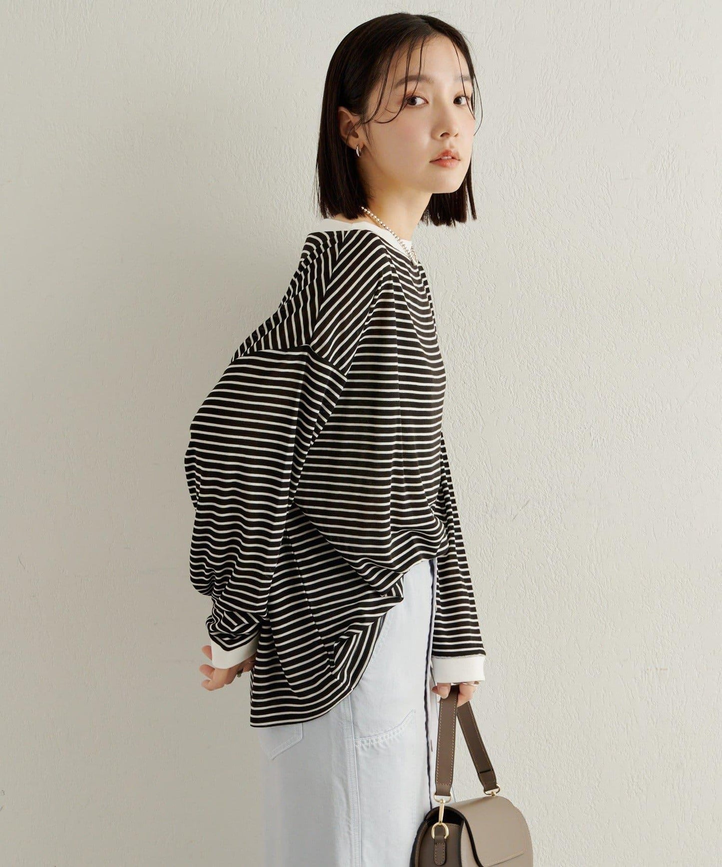 條紋一字肩長袖T恤