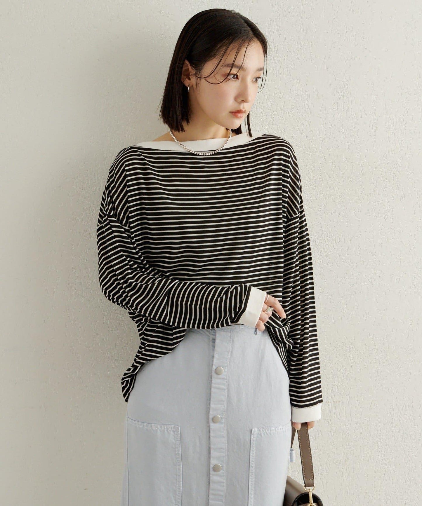 條紋一字肩長袖T恤