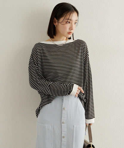條紋一字肩長袖T恤
