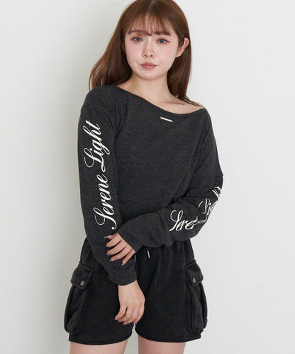 單肩印花長袖T恤