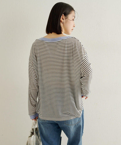 條紋一字肩長袖T恤