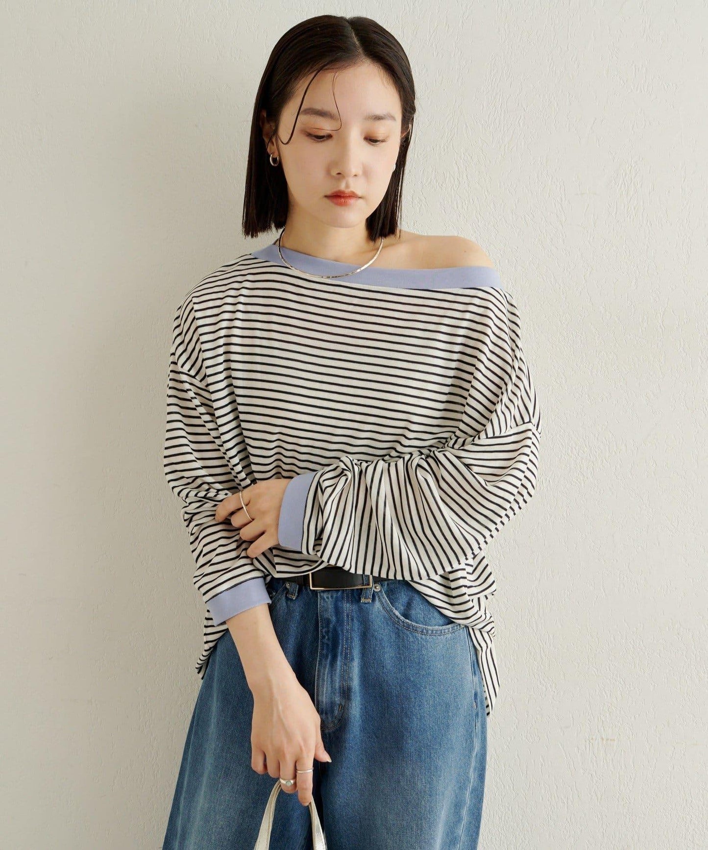 條紋一字肩長袖T恤