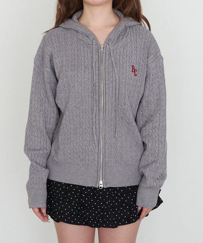 麻花紋胸部刺繡連帽衛衣