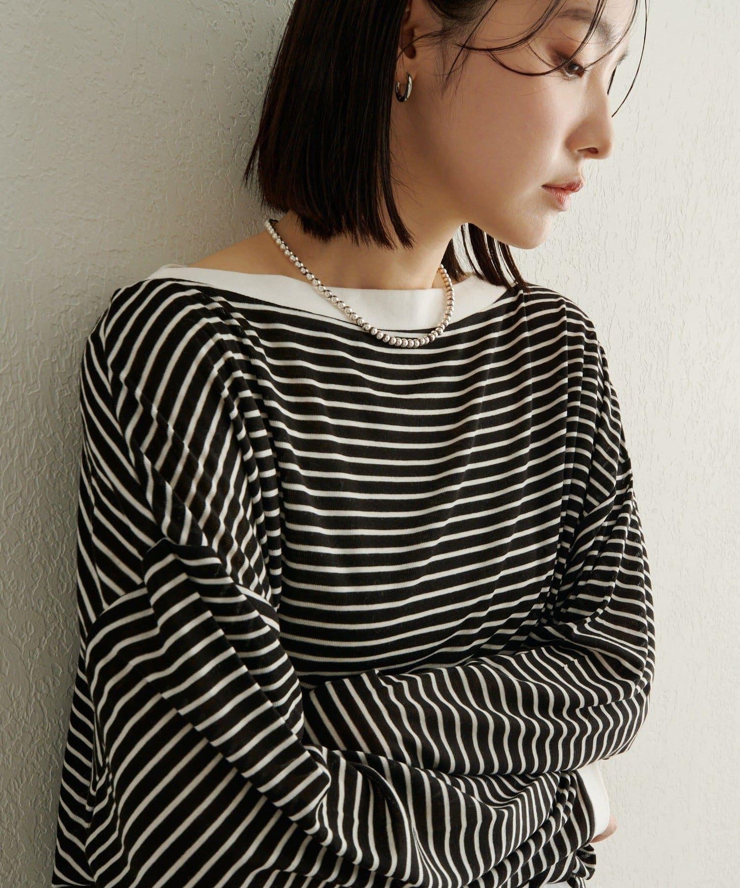 條紋一字肩長袖T恤