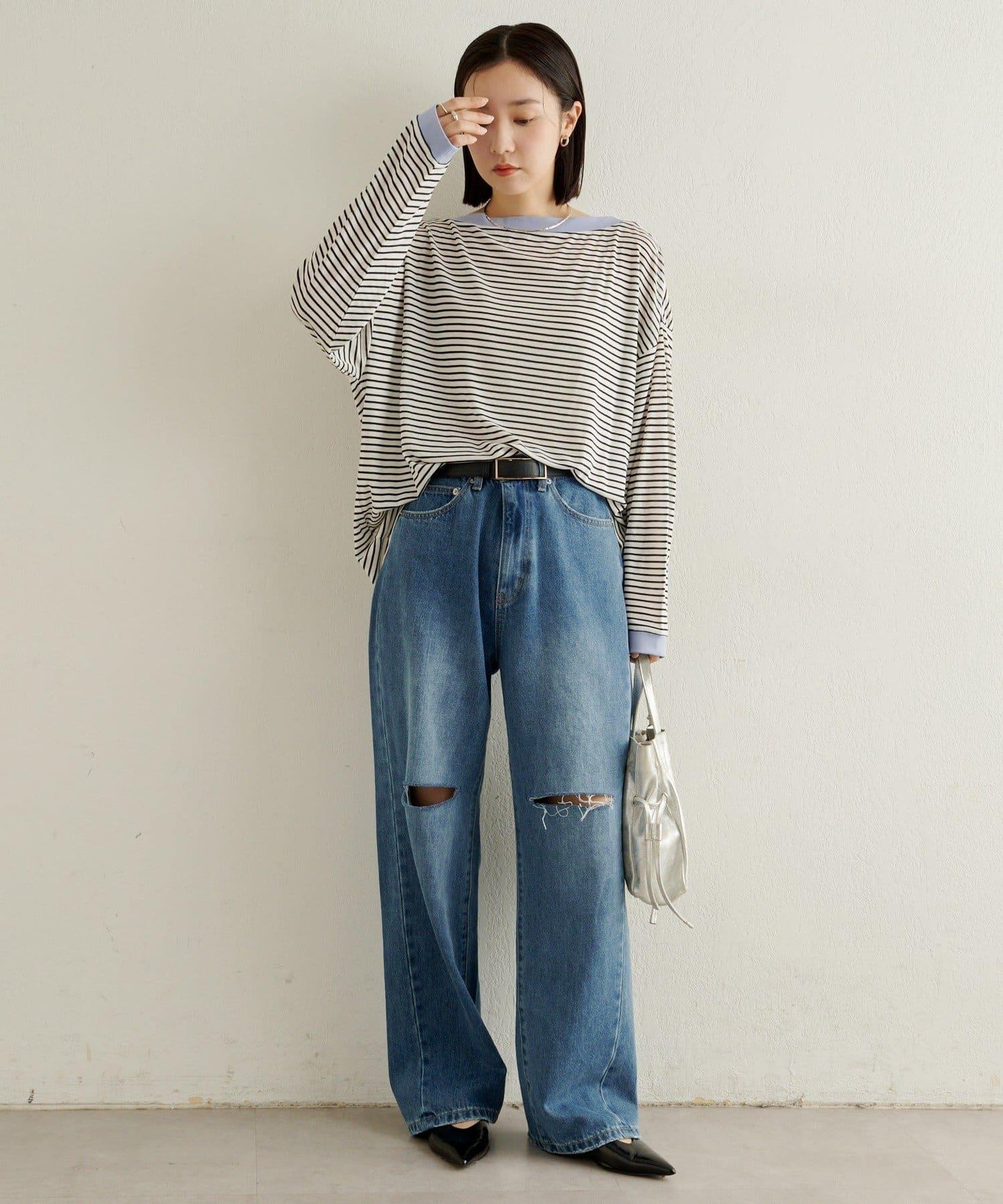 條紋一字肩長袖T恤