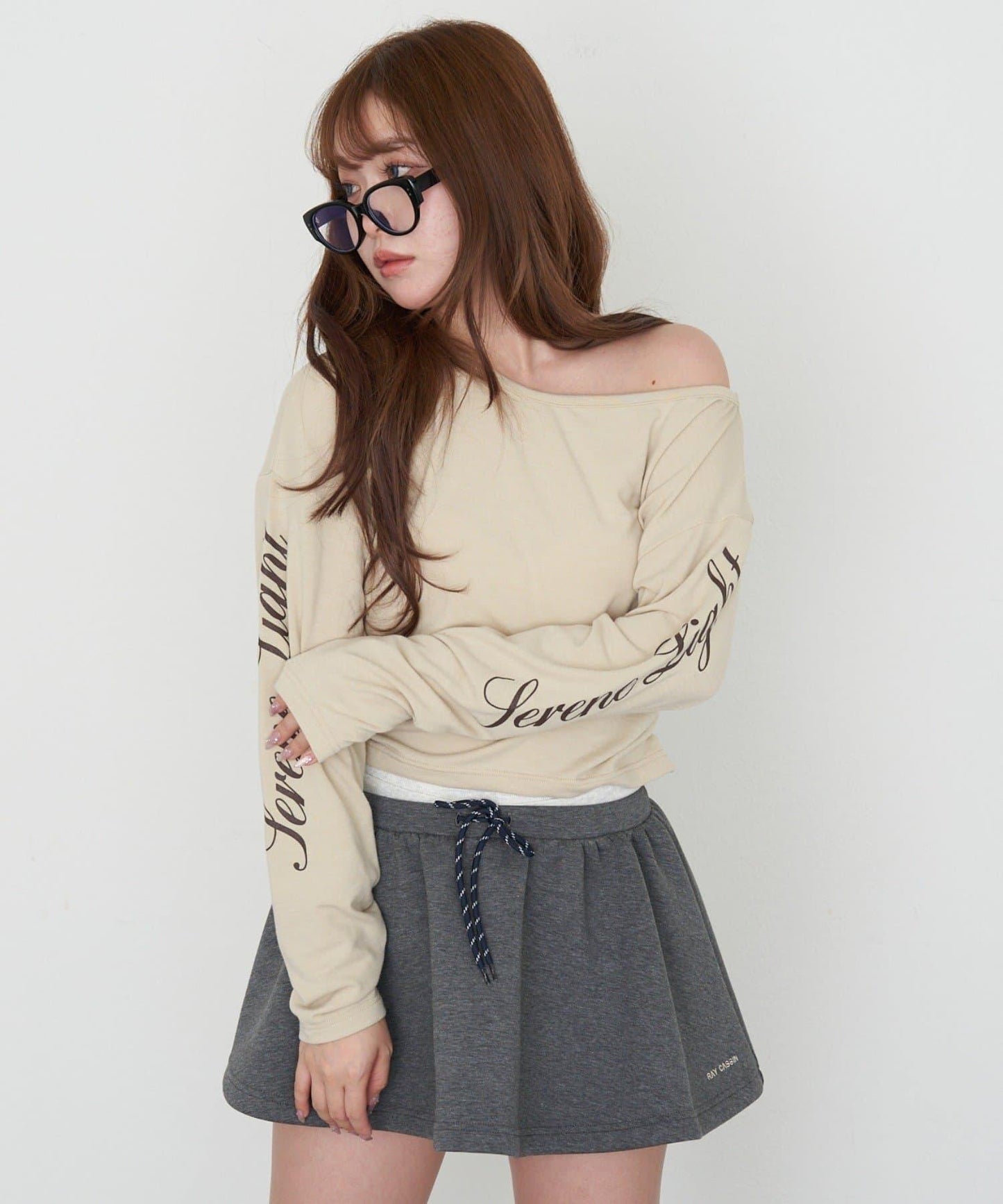 單肩印花長袖T恤