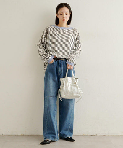 條紋一字肩長袖T恤