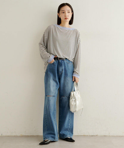 條紋一字肩長袖T恤