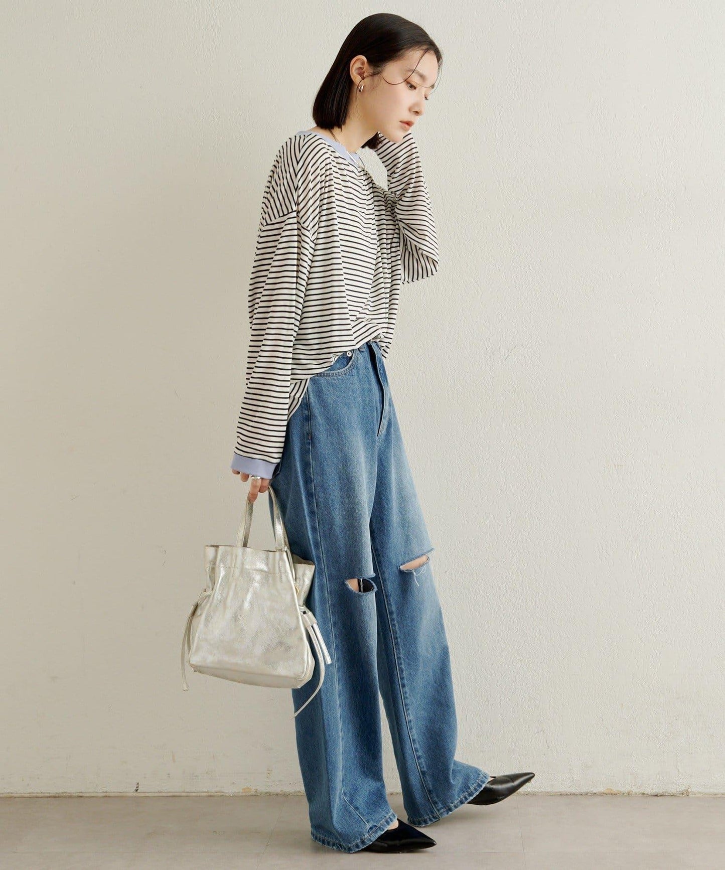 條紋一字肩長袖T恤