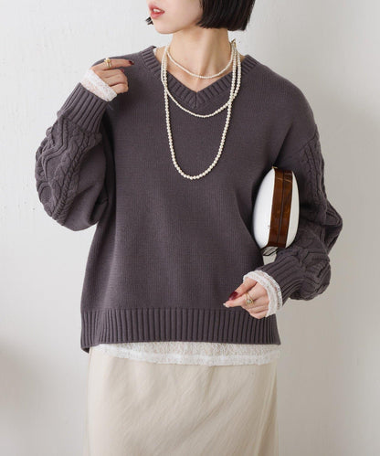 袖部麻花V領針織衫