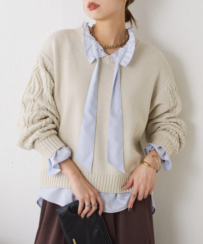 袖部麻花V領針織衫