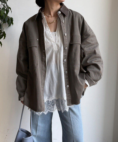 仿皮革翻領襯衫夾克