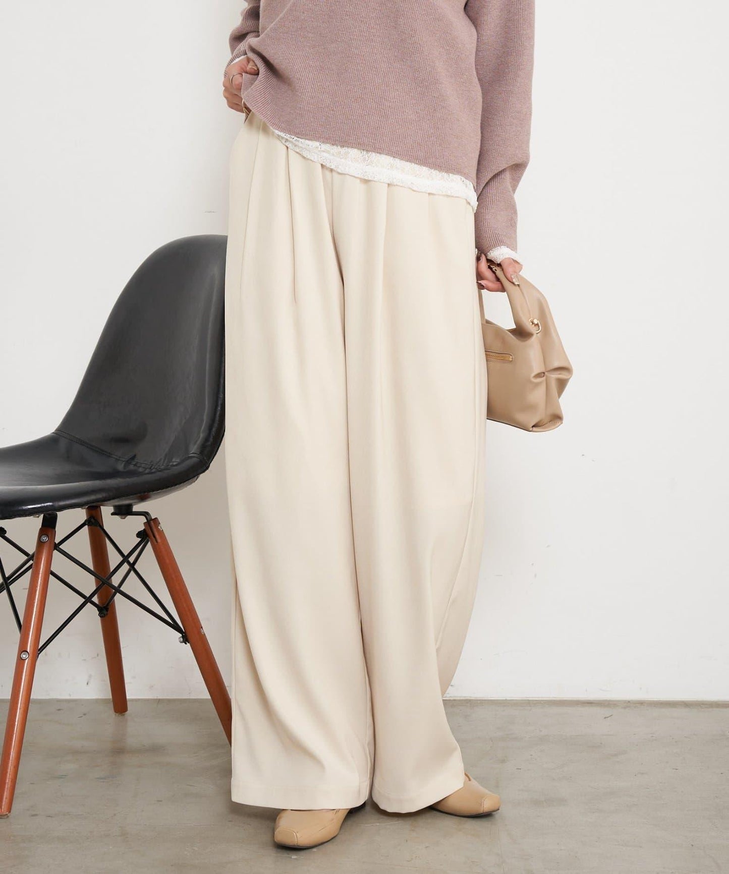 高腰抽褶寬腿褲